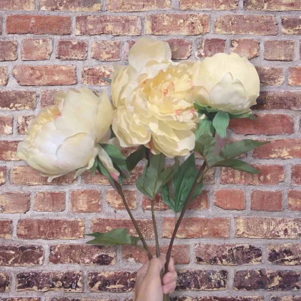 3 Light Yellow Peony Artificial Floral Stems